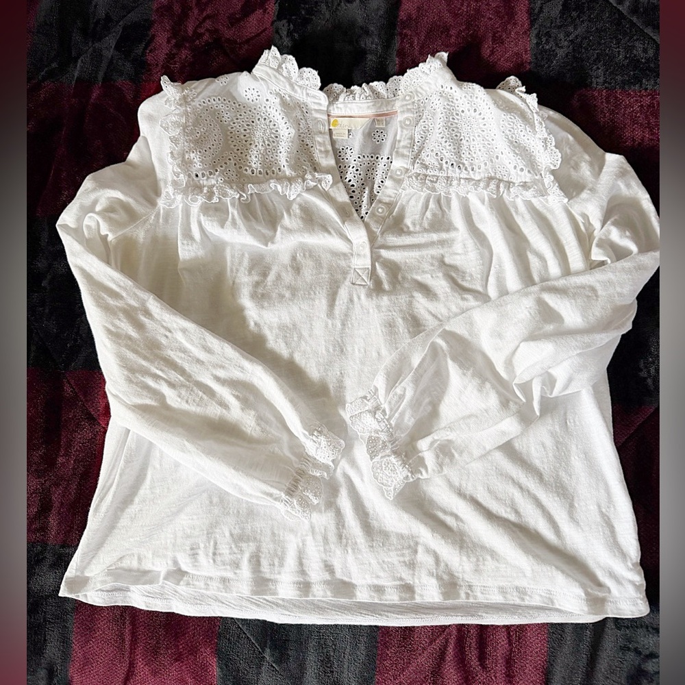 Boden 100% cotton White Lace Detail Long Sleeve Top